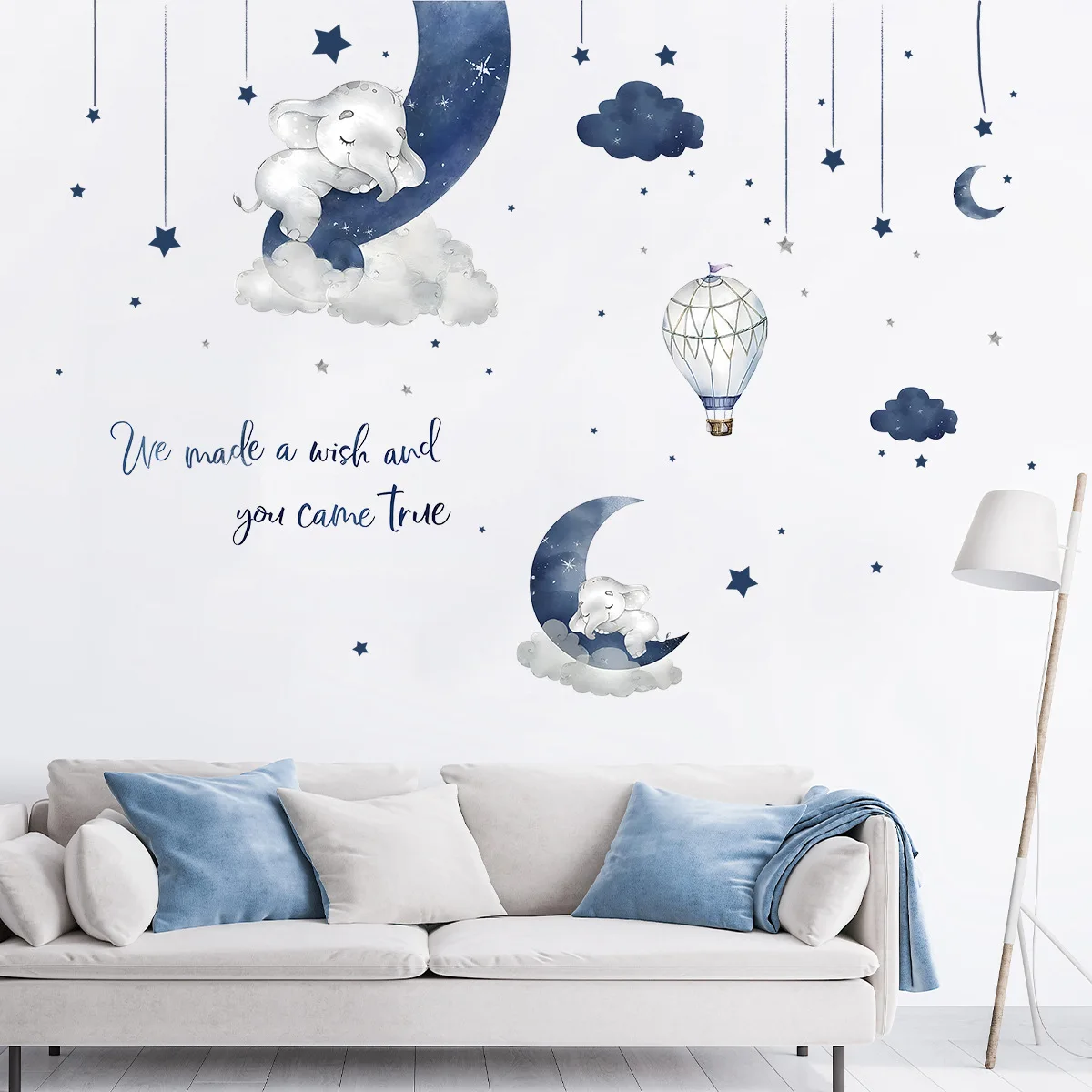 Watercolor Sleeping Elephant Wall Decal, Blue Moon & Star Nursery Sticker with Quote 