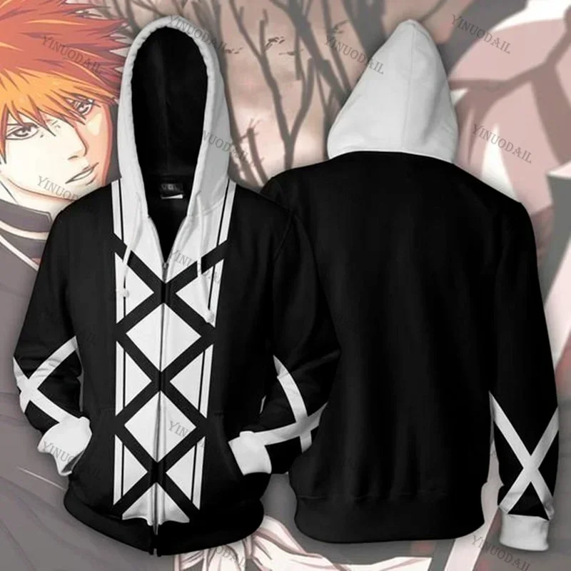 Anime Bleach Hoodie Men Women Zip Up Hoodies Kuchiki Byakuya Squad 6 Captain Sweatshirt Cosplay Costumes Harajuku Streetwear