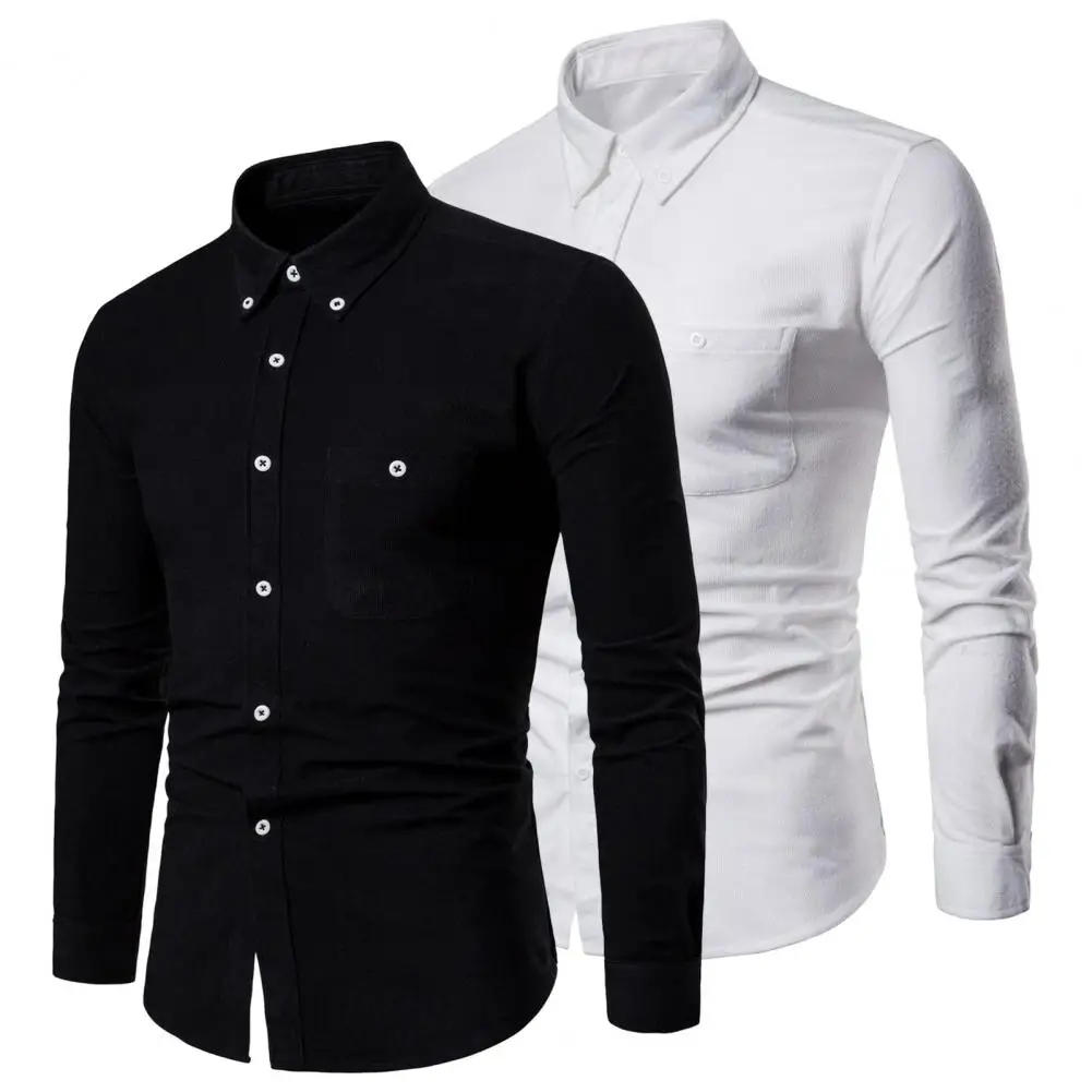 Men Business Shirt Men Shirt Stylish Men's Spring Summer Shirt with Turn-down Collar Slim Fit Design Patch Pocket Long for Men