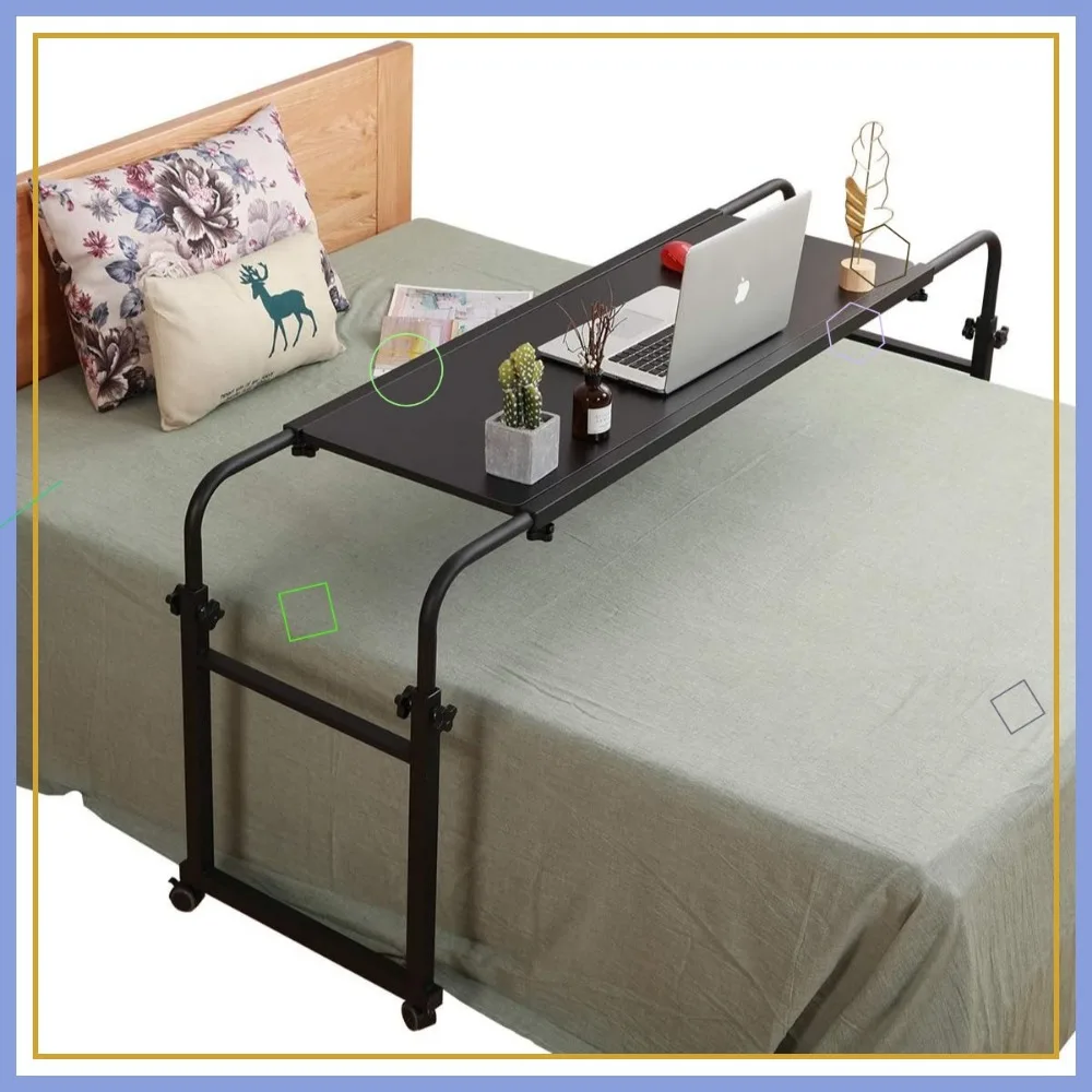 طاولة فوق السرير قابلة للتعديل مع عجلات - مكتب متنقل لأسرة الملكة/الملك، واستخدام الكمبيوتر المحمول والكتابة