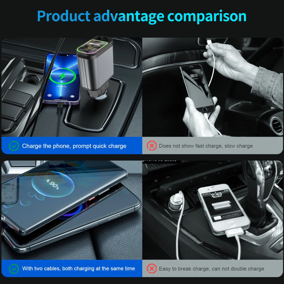 Super Fast Car Phone Charger 66W Car Phone Charger with Retractable Cables USB and Type-C Port 4 IN 1 Retractable Car Charger B1