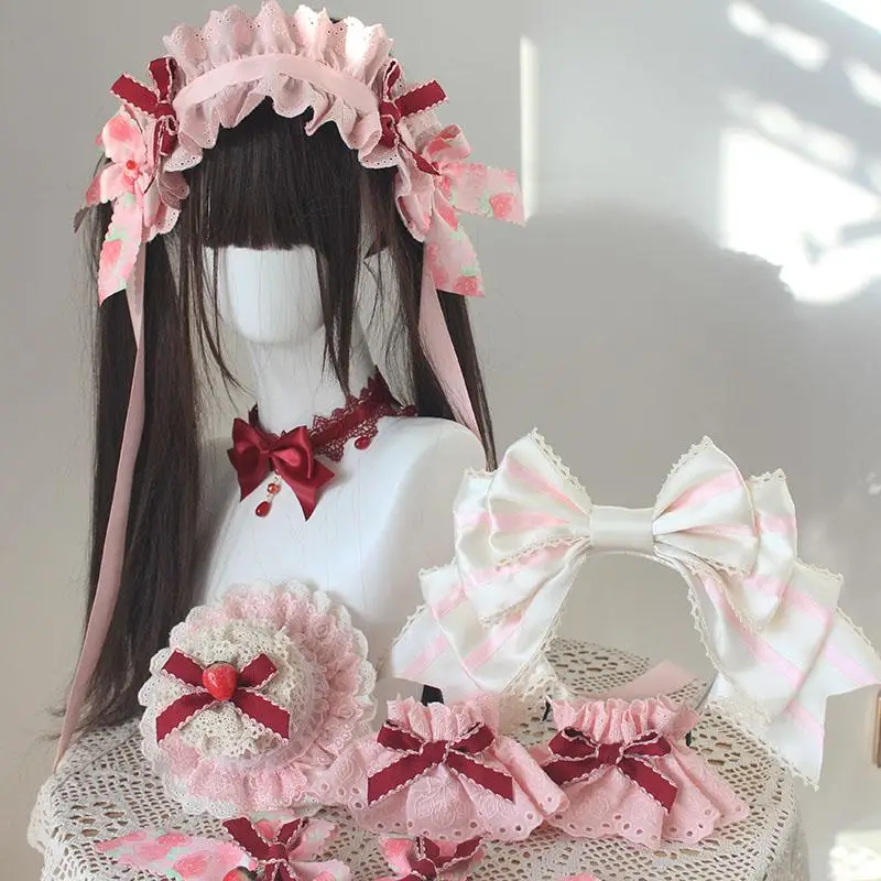 オリジナル手作りストロベリーファンタジア小物ピンクケーキシルクハットソフトガールロリータヘアバンド袖ペアクリップ