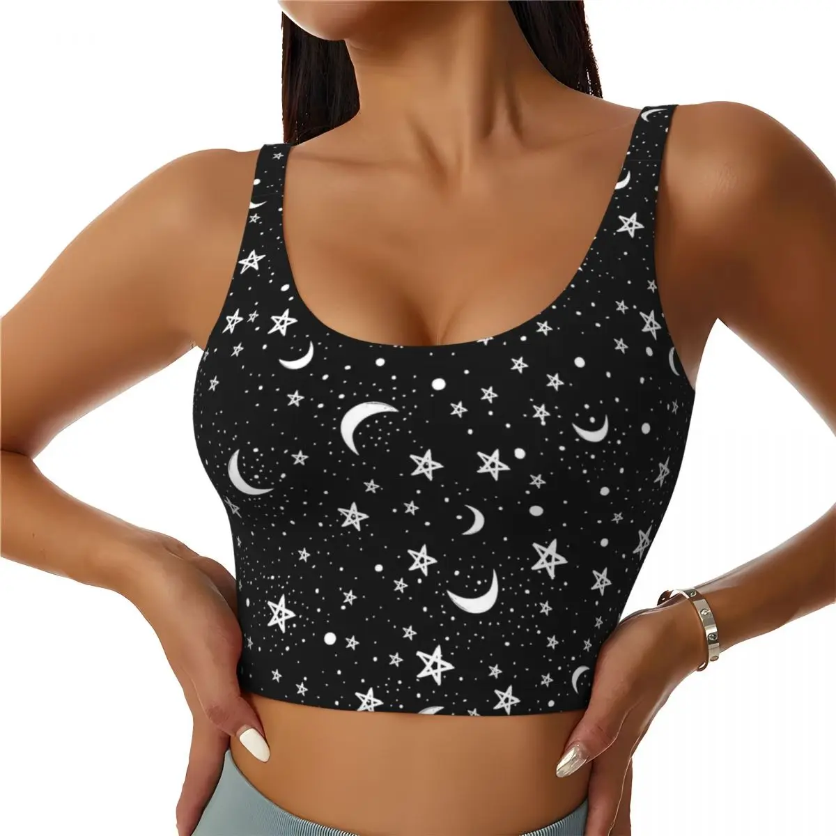 Moon and Stars Print Sports Bras for Women Yoga U Shade Back Tank Tops Gym Bra Adjustable Workout Crop Machine Washable