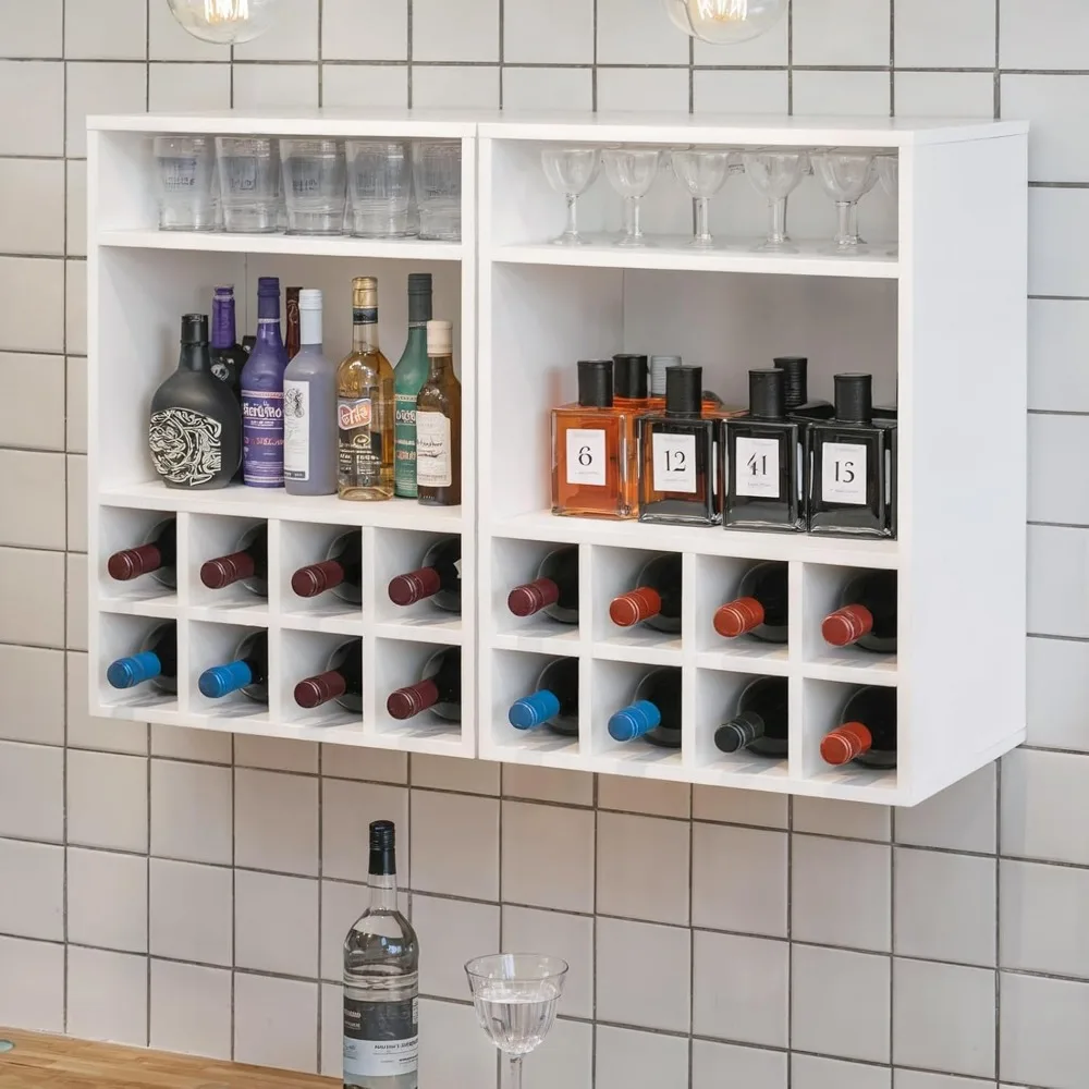 Wall Mounted Wine Bar Cabinet with Adjustable Shelves - White Engineered Wood Storage Cabinet for Kitchen, Living Room,