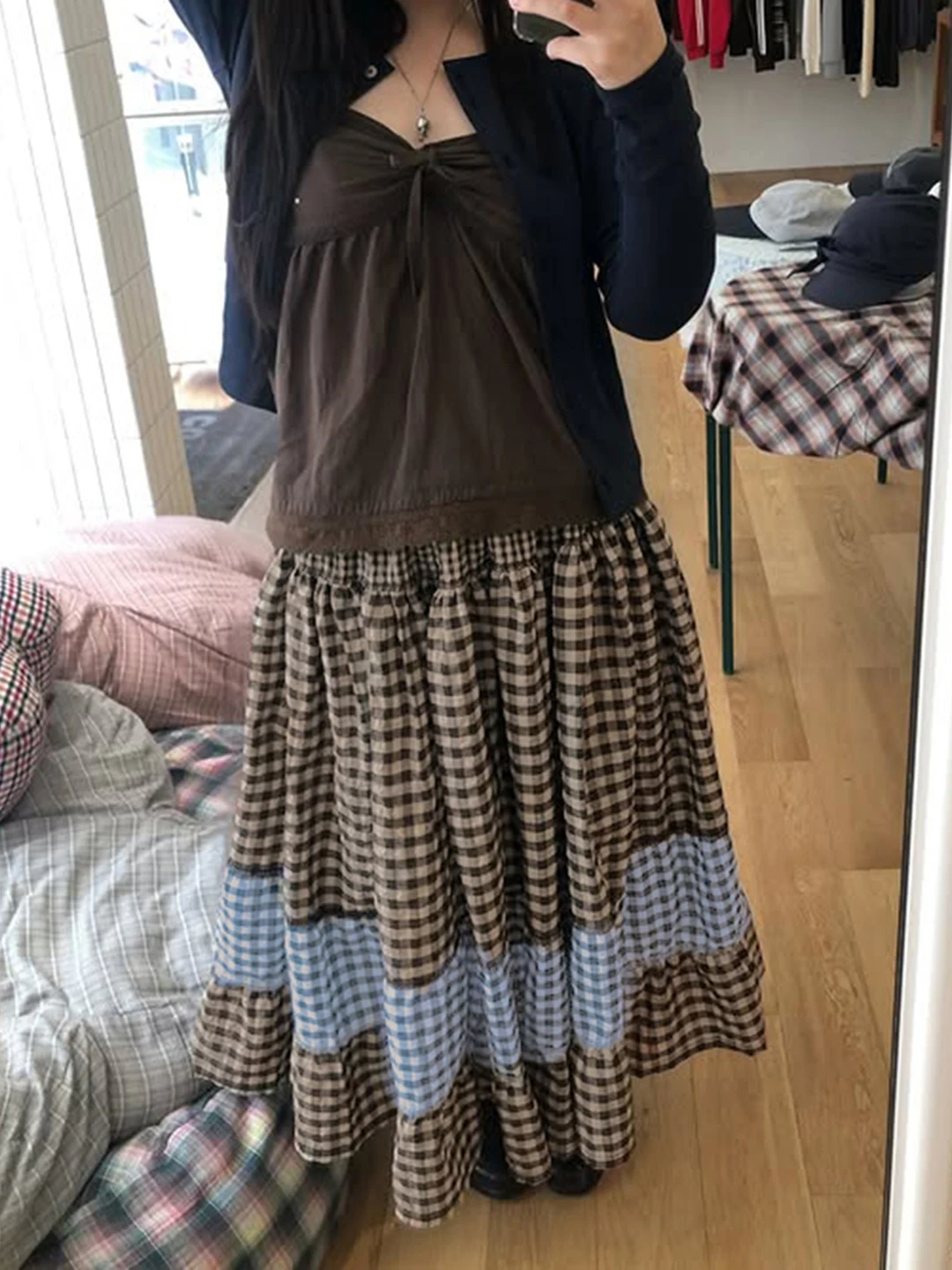 FabGirls Gonna a vita bassa con motivo scozzese artistico retrò Gonna lunga a trapezio snellente versatile per giovani donne