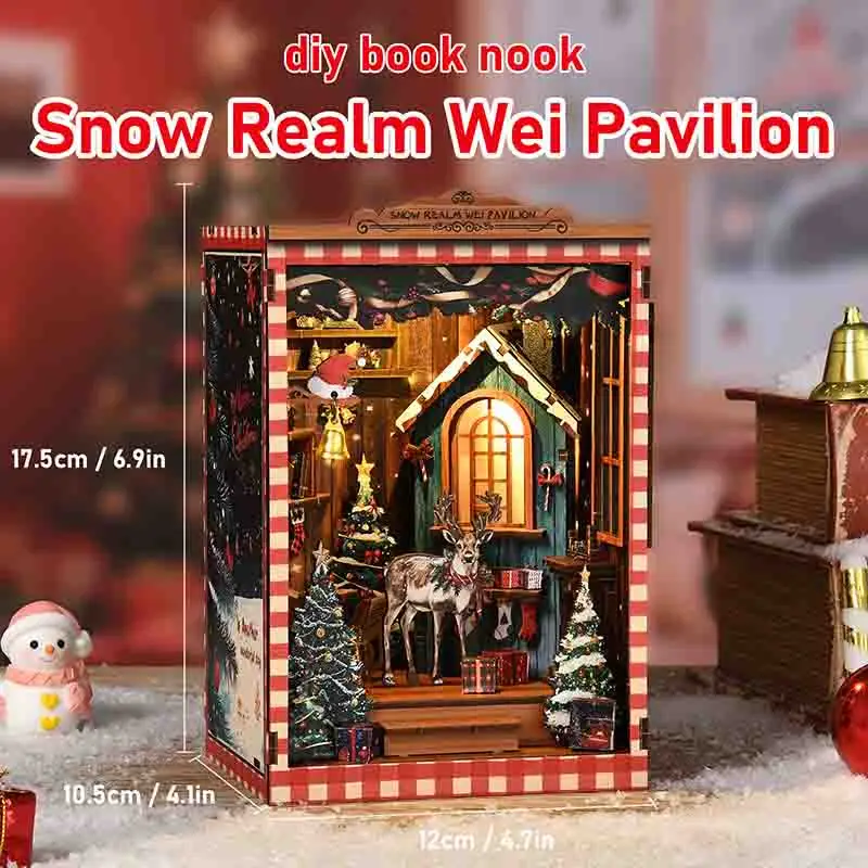 DIY Buchecke Holz Miniatur Modellbausätze Schneereich Wei Pavillon Buchstütze 3D Puzzle Weihnachtsbücherregal für Freunde Geschenke