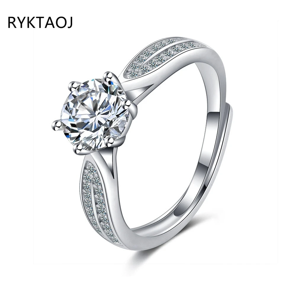 925 Sterling Silver Round Solitaire Cubic Zirconia Ring for Women Split Shank Pave Side Stones Adjustable Wedding Jewelry Gift