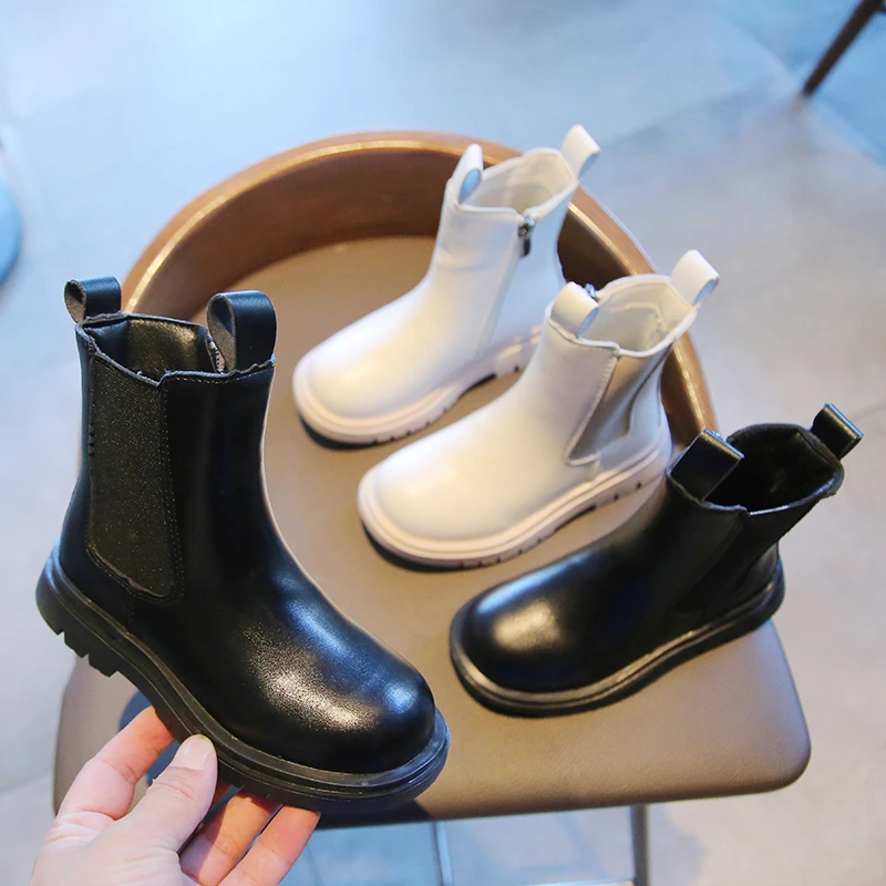 Children Chelsea Boots for Boys Girls Fashion Classic Side Zipper Ankle Short Boots Black Beige Kids Autumn Winter Warm Shoes