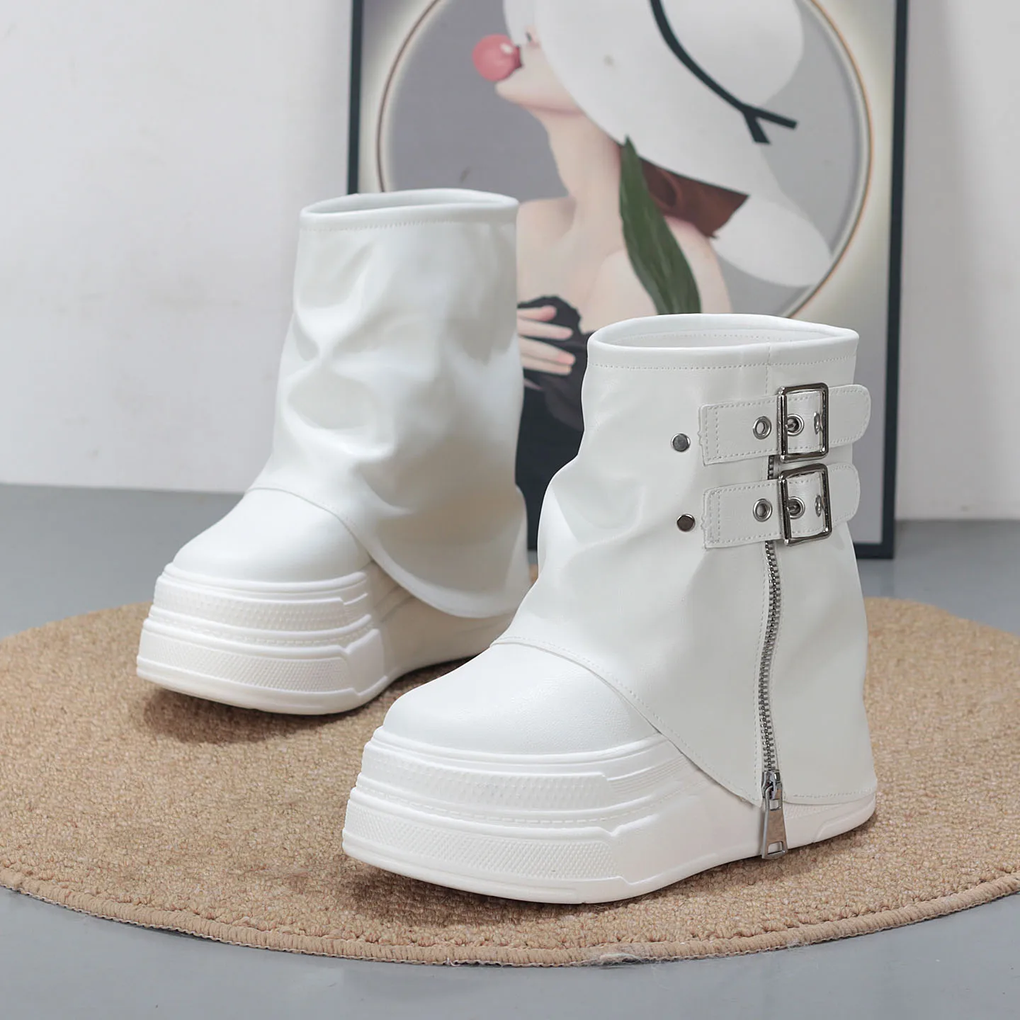 12cm Elevator Boots Women 10cm Thick Sole Lightweight Platform Chunky Pant Boots Short Women Super High Heel Ankle Booties