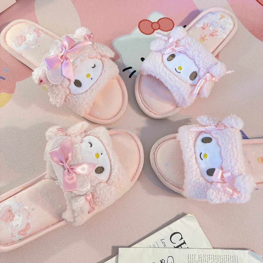 Cartoon My Melody Slippers Women My Sweet Piano Indoor Kawaii Warm Plush Home Slippers Girl Open-Toe Flat Heel Non-slip