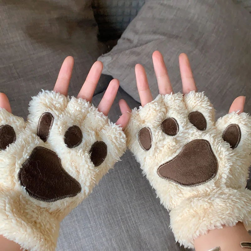 Kawaii Cute Plush Cat Claw Paw Gloves For Girl Novelty Hand Warmer Flip Half Finger Gloves Winter  Fingerless Bear Cat Gloves