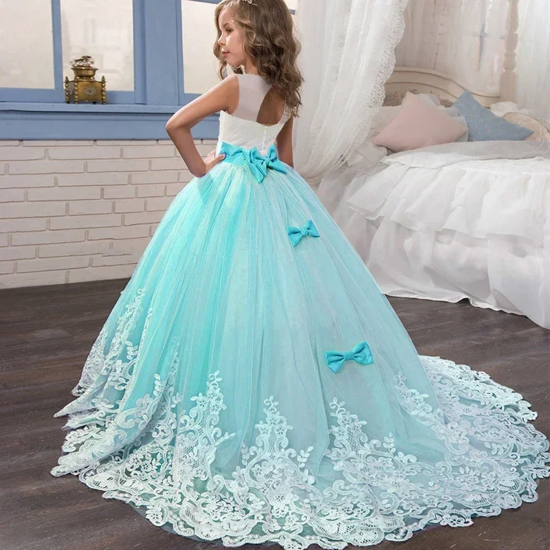 Girls Princess Pageant Dress Long Bridesmaid Dress Kids Prom Ball Gowns Children Wedding Party Floral Lace Dress 5-14Y Vestidos