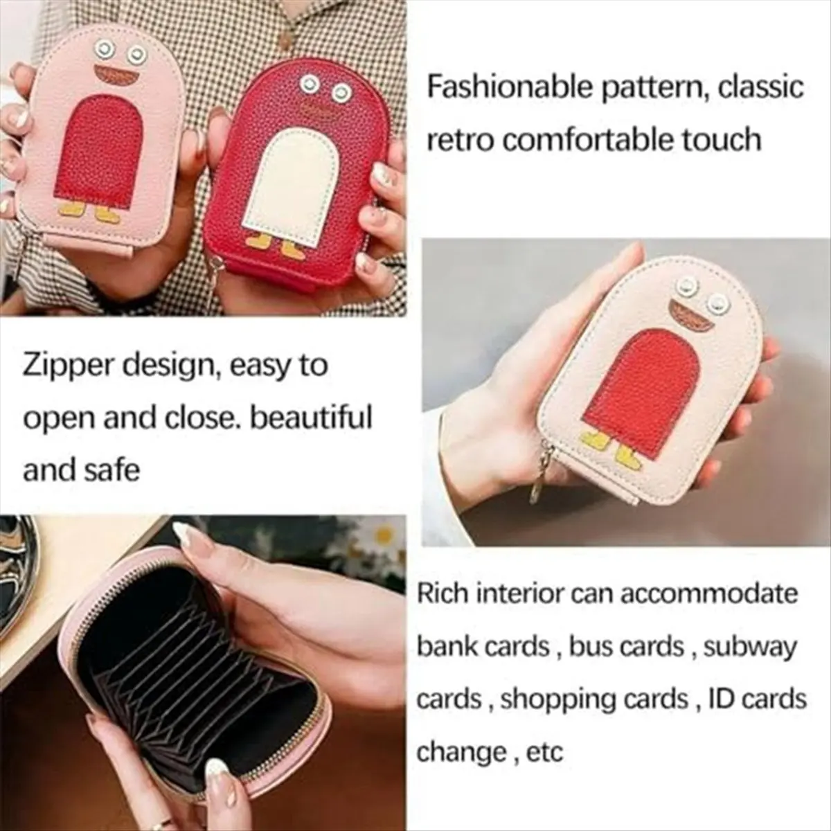 ABQR Porte-carte de crédit en PU avec pingouins mignons, portefeuille de pingouins mignons, porte-carte de crédit pour femme avec 11 emplacements pour cartes rouge