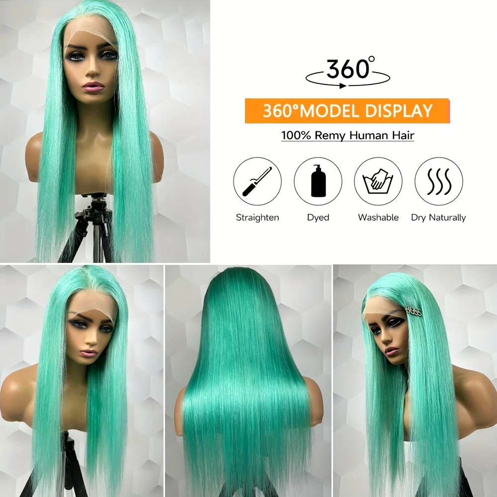 EQ الشعر العظام مستقيم النعناع الأخضر 13x4 الدانتيل الشفاف الجبهة الباروكات شعر الإنسان الطاووس الأخضر عذراء البرازيلي خصلات الشعر المستعار الإنسان