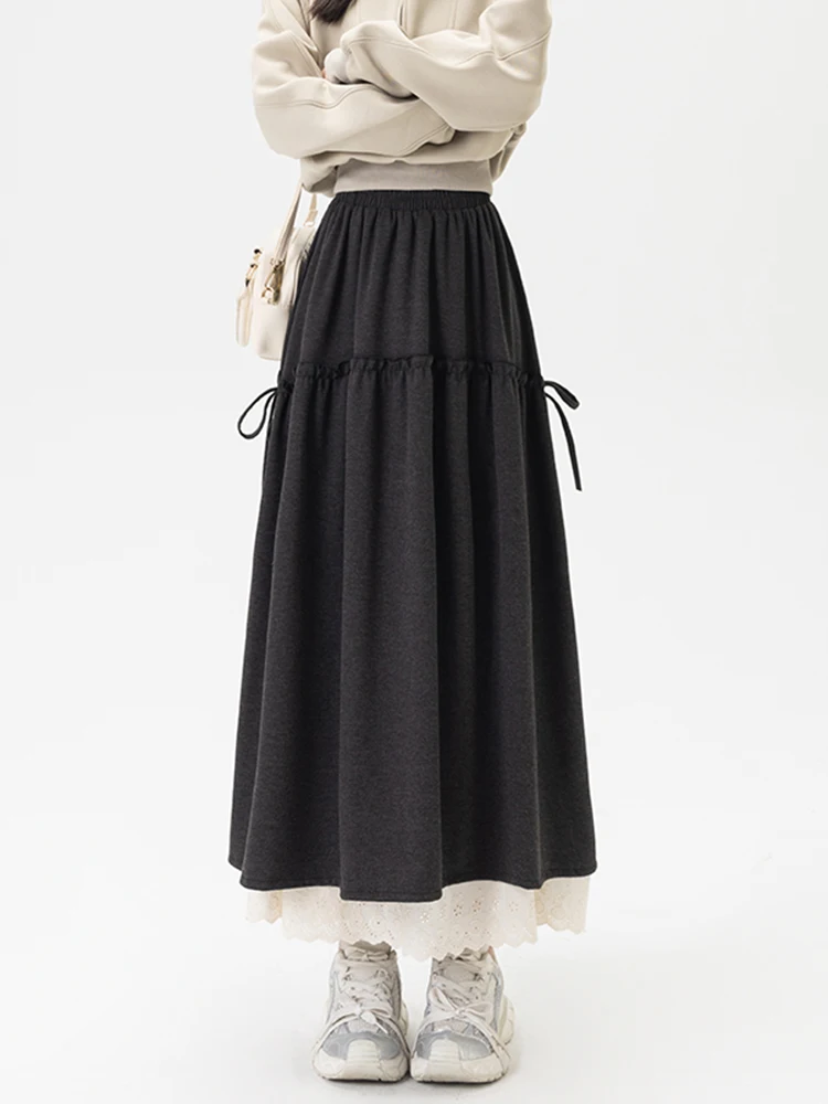 Saia Bla de Cintura Alta em A com Painéis de Renda e Cinto Primavera 2026 Moda Feminina Ciwalk Ajuste Solto com Zíper