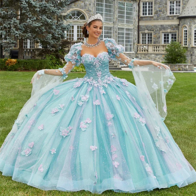 Doymeny Flora Flowers Cape Off Shoulder Appliques Beaded Ball Gown Quinceanera Dresses Sweet 15 Birthday Princess Party Gowns