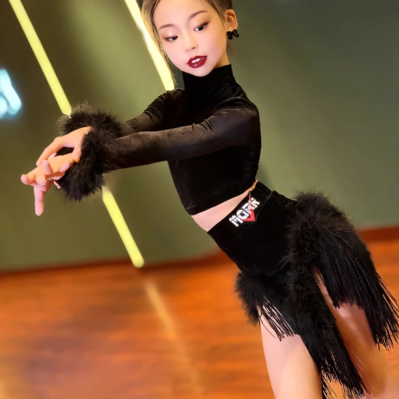 카우보이 삼바 룸바 댄스 투피스 세트 소녀용 무도회 댄스 대회 드레스 플러시 긴 소매 고급 라틴 댄스 드레스