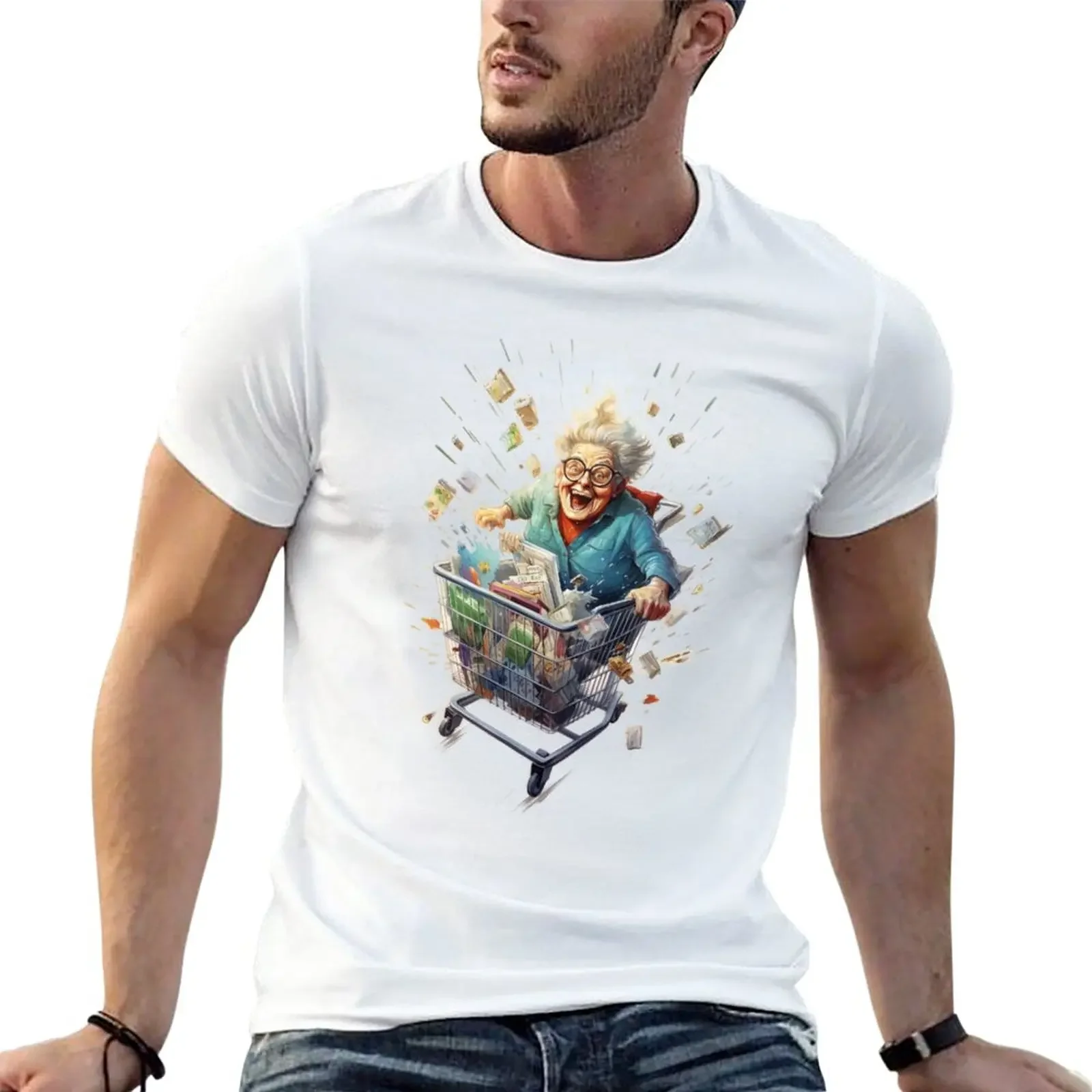 

New Whimsical Adventures: Grandma in a Shopping Cart T-Shirt oversized cute tops Blouse men tshirt