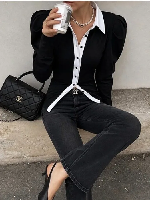 Slim Fit Long Sleeve Shirt Women's Spring Autumn Winter Design Sense Color Block Collar Stand up Top Outerwear Fashionable