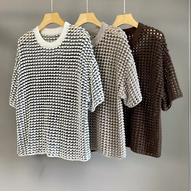 

Women's openwork round neck wool short-sleeved top, fashionable and comfortable knitted pullover, high-quality T-shirt, 2025