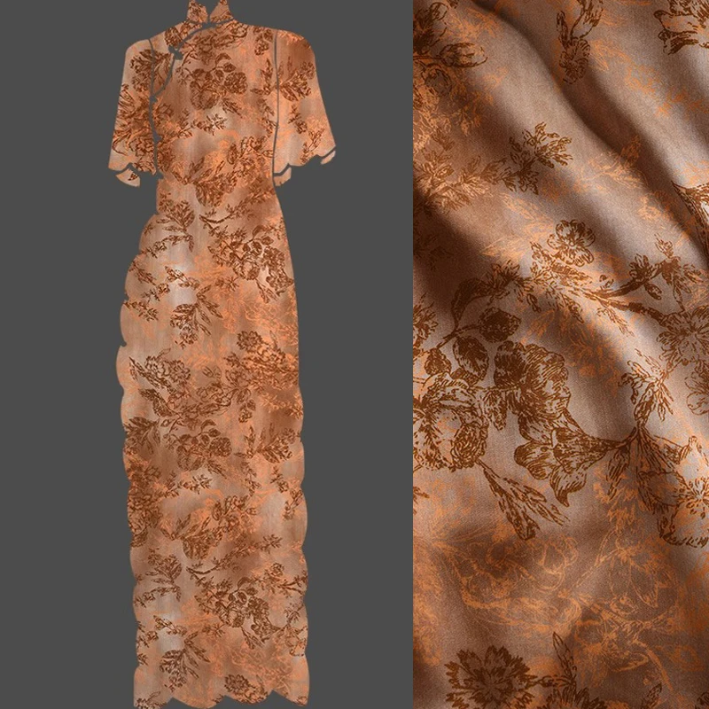 

145CM Wide 200G/M 100% Rayon Fabric for Thin Dress Cheongsam Blouse,Soft Fabric with Plants Printed on Coffee Red Color R453