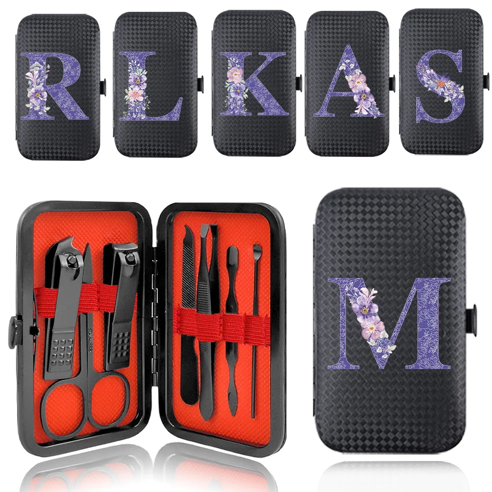 

7Pcs Manicure Set Pedicure Portable Case Stainless Steel Nail Clippers Kit Organizer Grooming Tool Purple Flower Letter Pattern