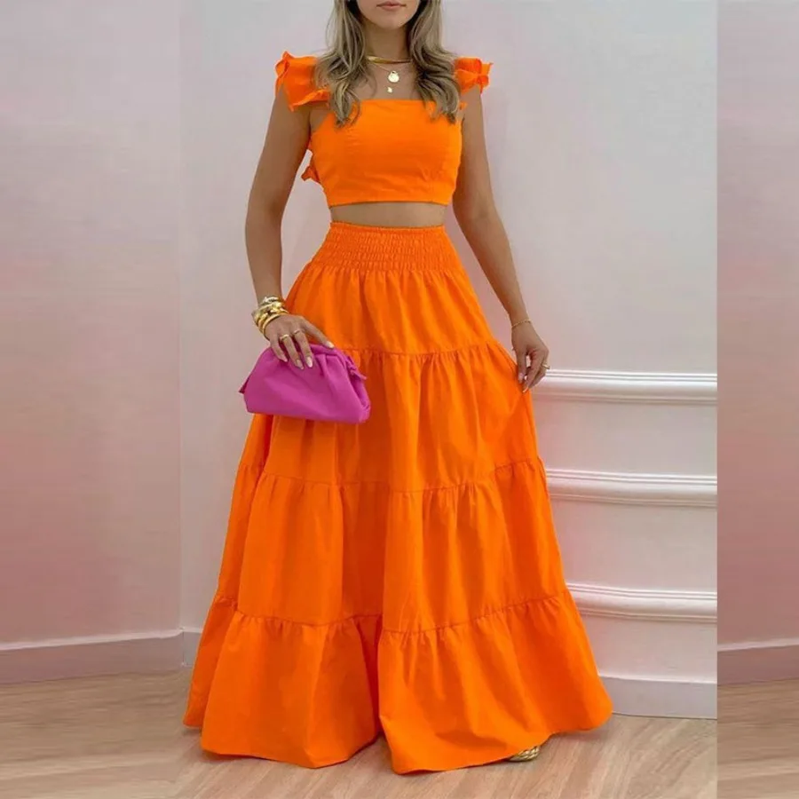 Two Piece Skirt Sets Women Print Dot Ruffles A Line Long Skirts High Waist Casual Half Sleeve Tops Suits Elegant Lady 2024