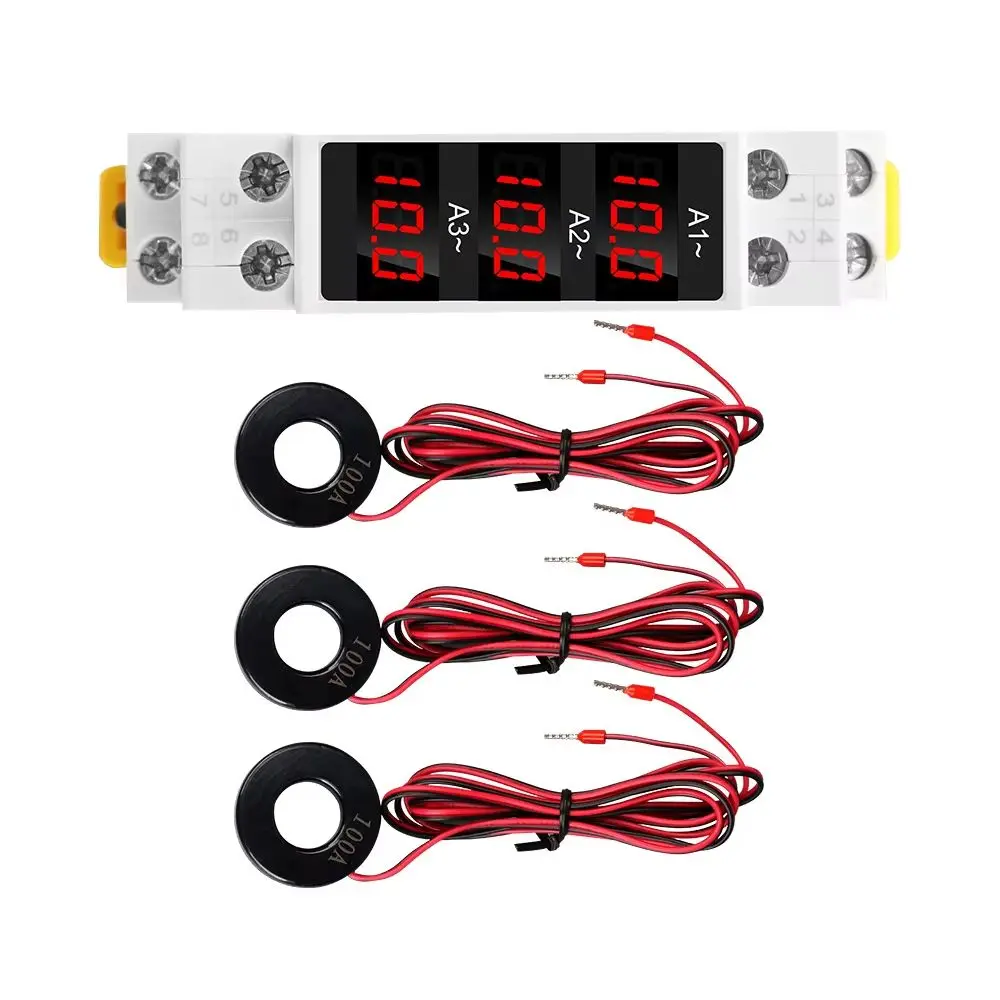 Mini Digital Ammeter LED Display Three-Phase AC Voltage 80-500V Current 1-100A Electrical Measurement Tool with Guide Rail