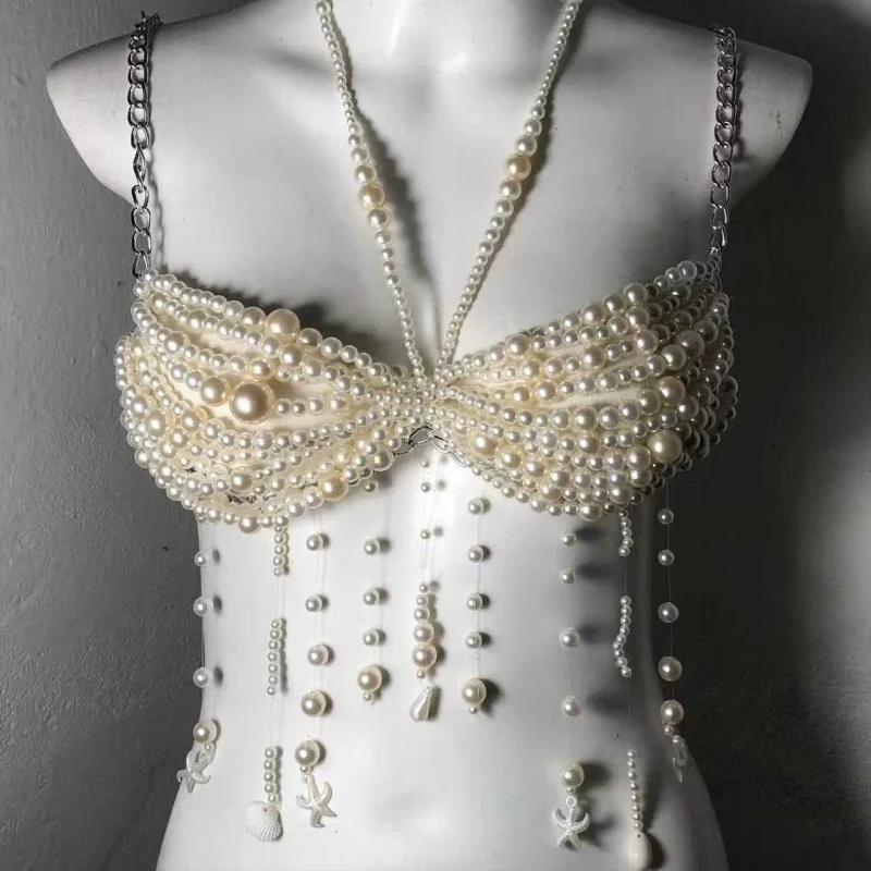 Damen-Body-Kette mit Kunstperlen, Seestern- und Muscheldesign, Quasten, handgefertigtes, mit Perlen besetztes Oberteil, verstellbare Rückenkette, Körperschmuck für den Strand – Detail 4