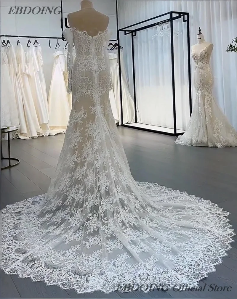 

Newest Wedding Dress Mermaid Lace Sweetheart Neckline With Detachable Sleeves Off The Shoulder Customized Bride Gowns