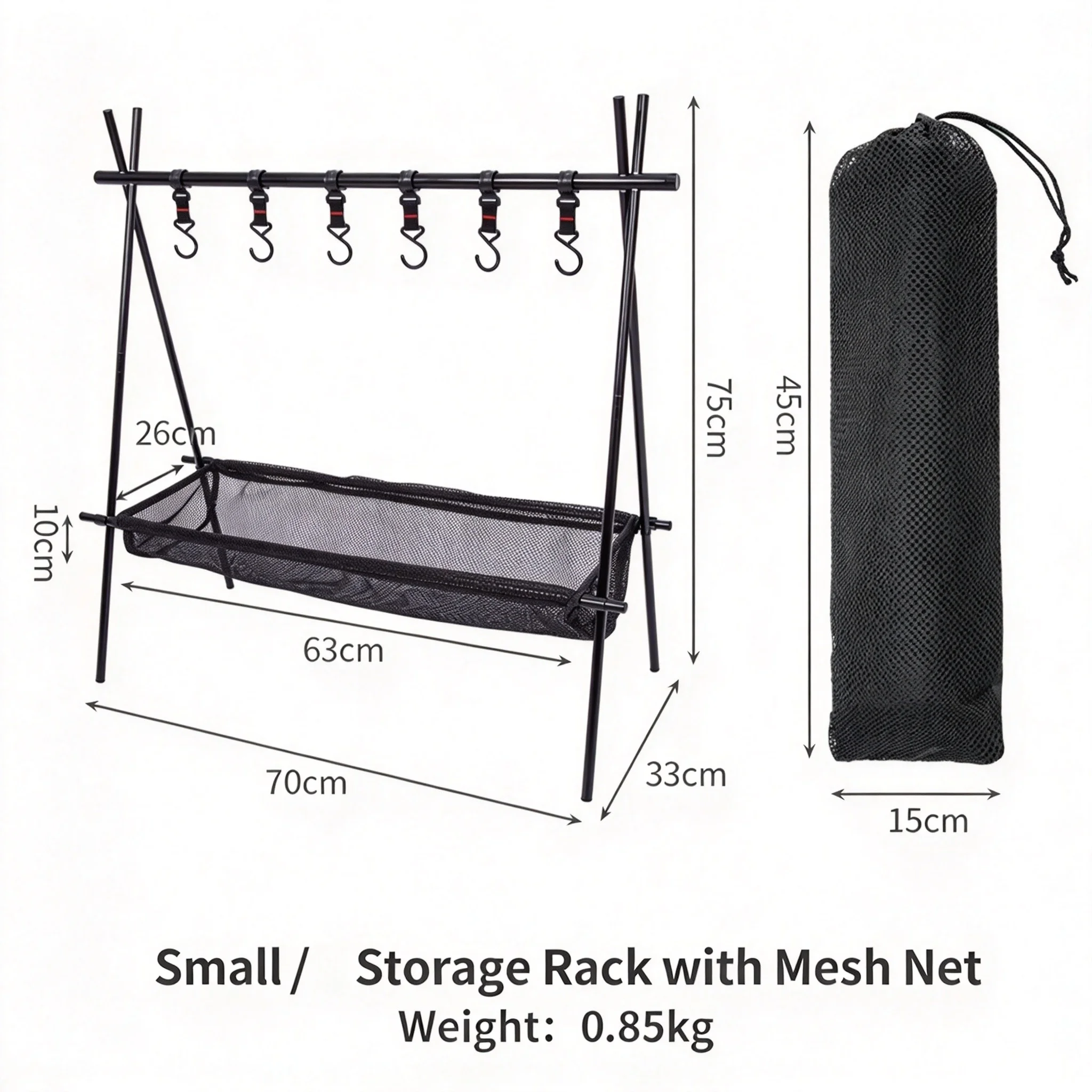 Breathable Mesh Bag Equipped Aluminum Camping Shelf with Tripod Stability and Adjustable Hooks for Convenient Hanging