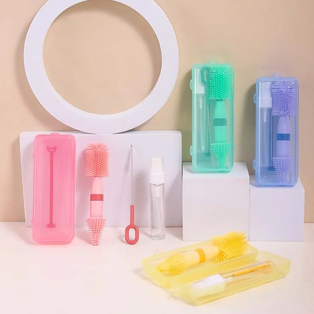 

ABS Bottle Cleaning Brush Set TPR Bottle Brush Pacifier Straw Scrubber Anti-lost Storage Drain Rack Baby Nipple Brush Kit