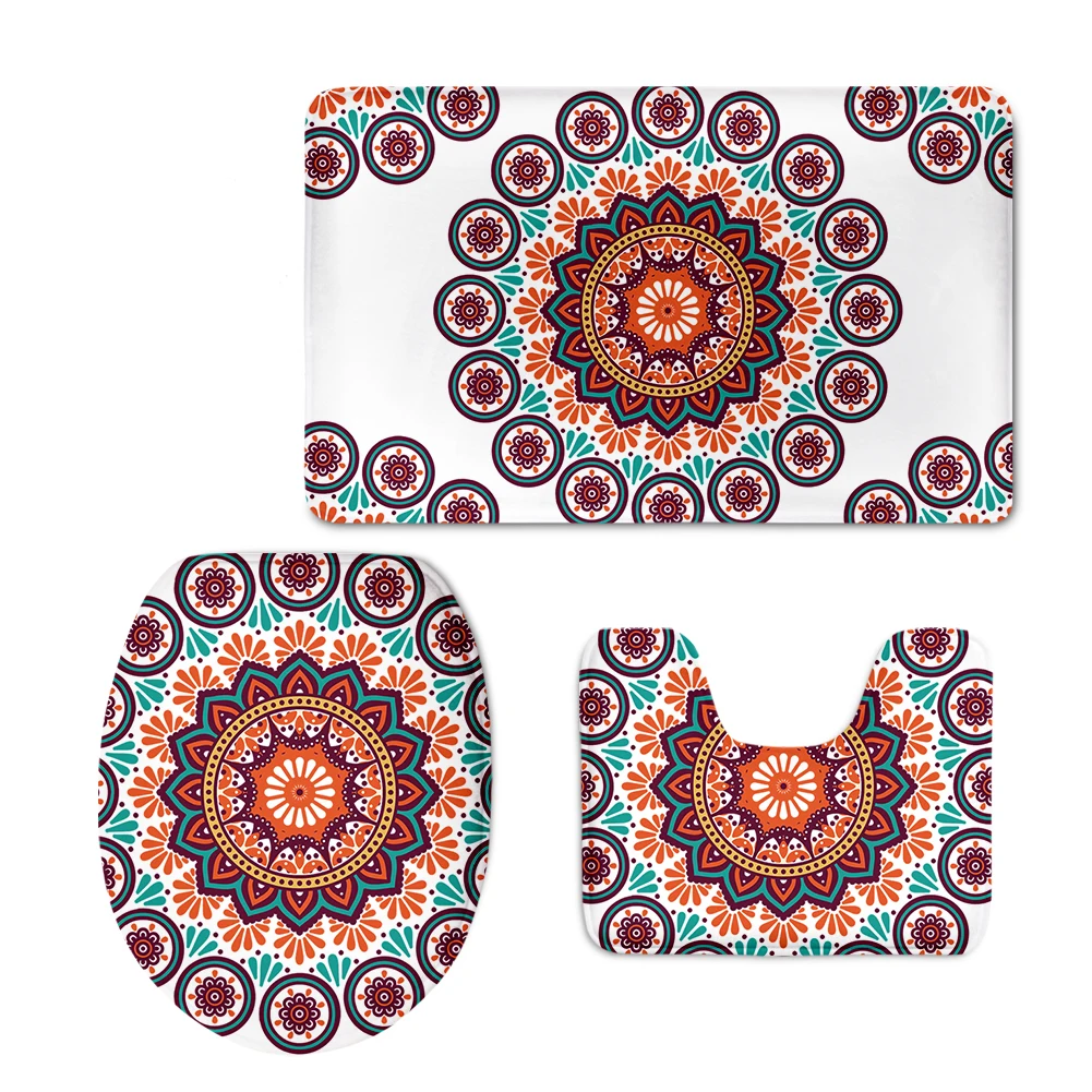 

Funny Mandala Floral Print 3Piece Bathroom Mats Set Non Slip Contour Rug and Toilet Lid Cover Backing Bathroom Carpet Shower Mat