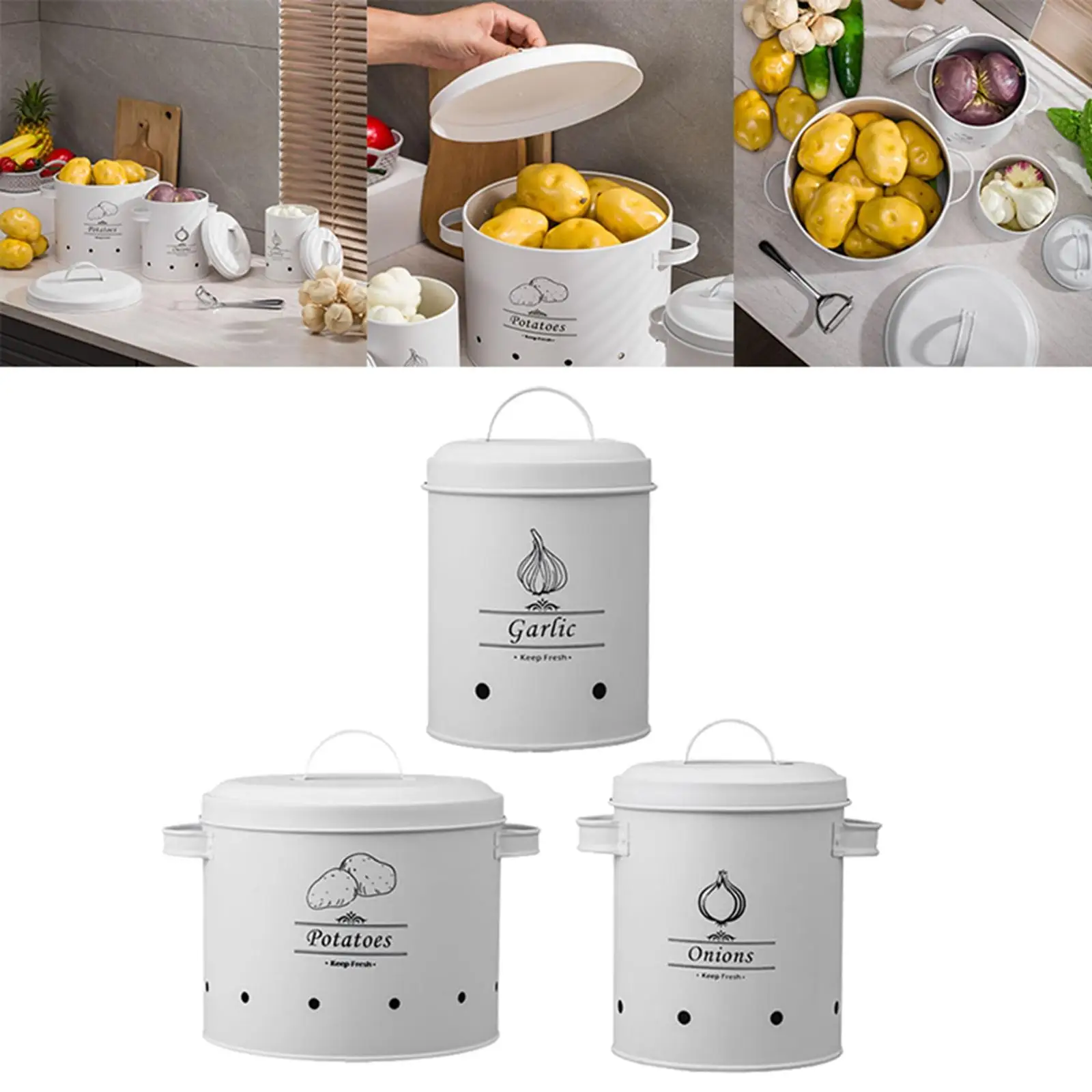 

3x Kitchen Canister with Handle for Potato Onion Garlic Dried Fruits Kitchen