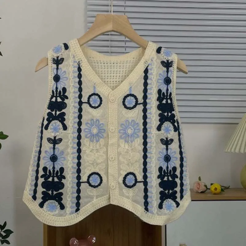 Damska luźna kamizelka z ażurowym wzorem kwiatowym w stylu retro, idealna na lato, uniwersalna, wyszczuplająca, rozpinana kurtka/kardigan/top.