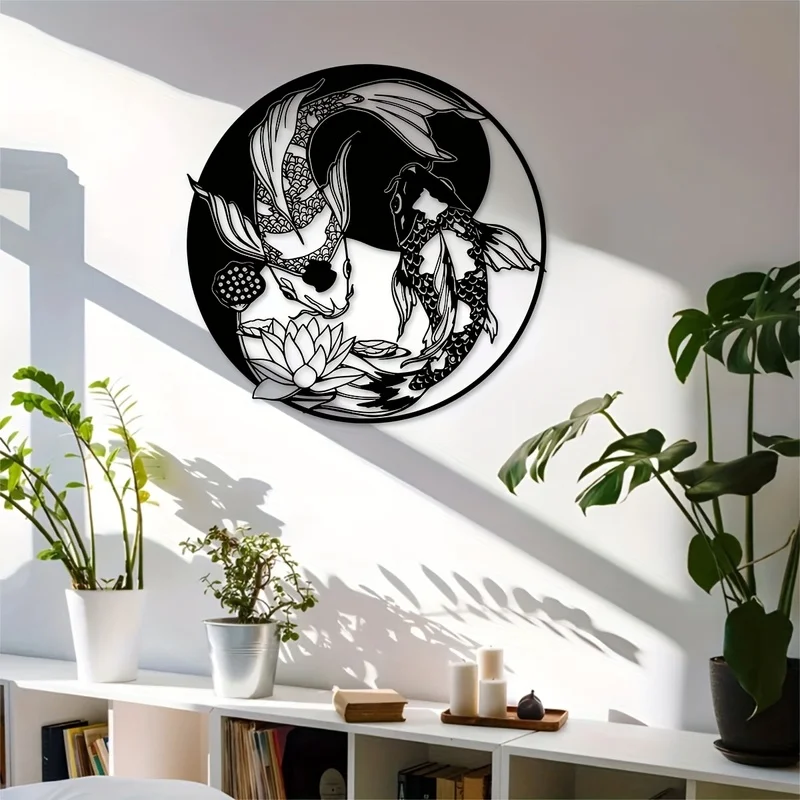 1Large Yin-Yang Koi Fish Metal Wall Decoration - Japanese-style black and white symbolizes harmonious decoration 1pc