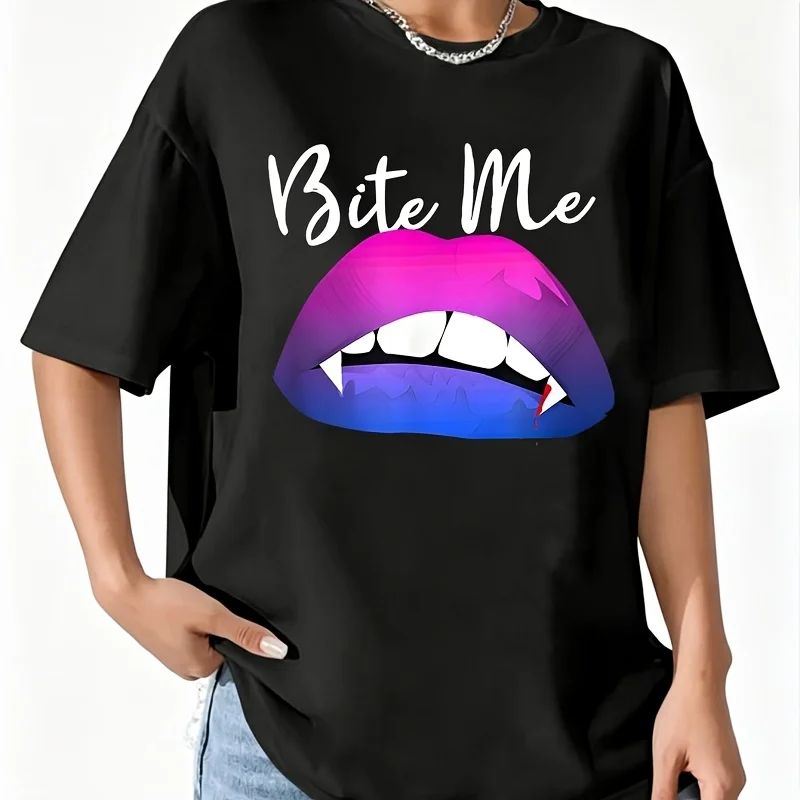 Vampire Lips Bite Me Gothic Halloween Bi Pride Women's T-Shirt 100% Cotton Fun Print Short Sleeve Top Casual Round Neck Tee S-5Xl