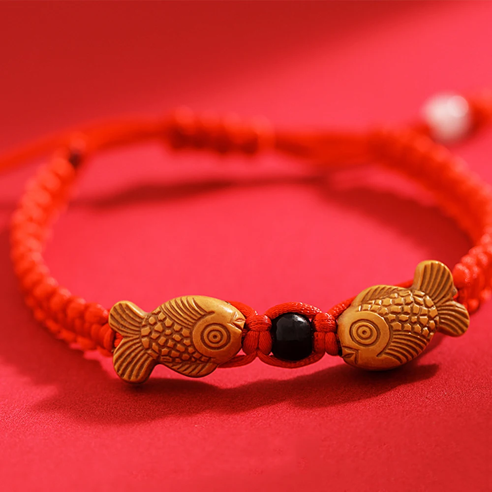 Feng Shui Red String Double Fish Lucky Wooden Twin Charm Bracelet Red Thread For Good Luck Wealth Handmade Chinese Jewelry