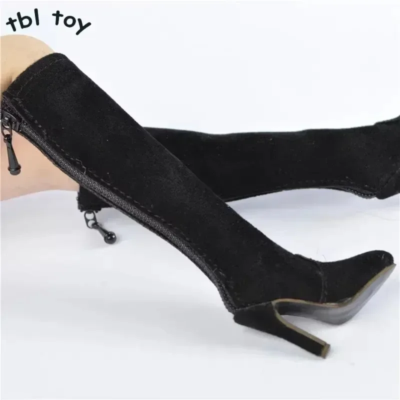 1/6 Scale Round Toe Thick Heel High Top Boots Zip Flip Leather Boots Hollow Shoes Model for 12