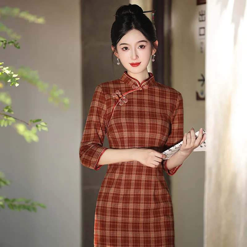 

Yourqipao Autumn Chinese Style Evening Dress Daily Improved Cheongsam Red Plaid Qipao Long Retro Young Style for Women