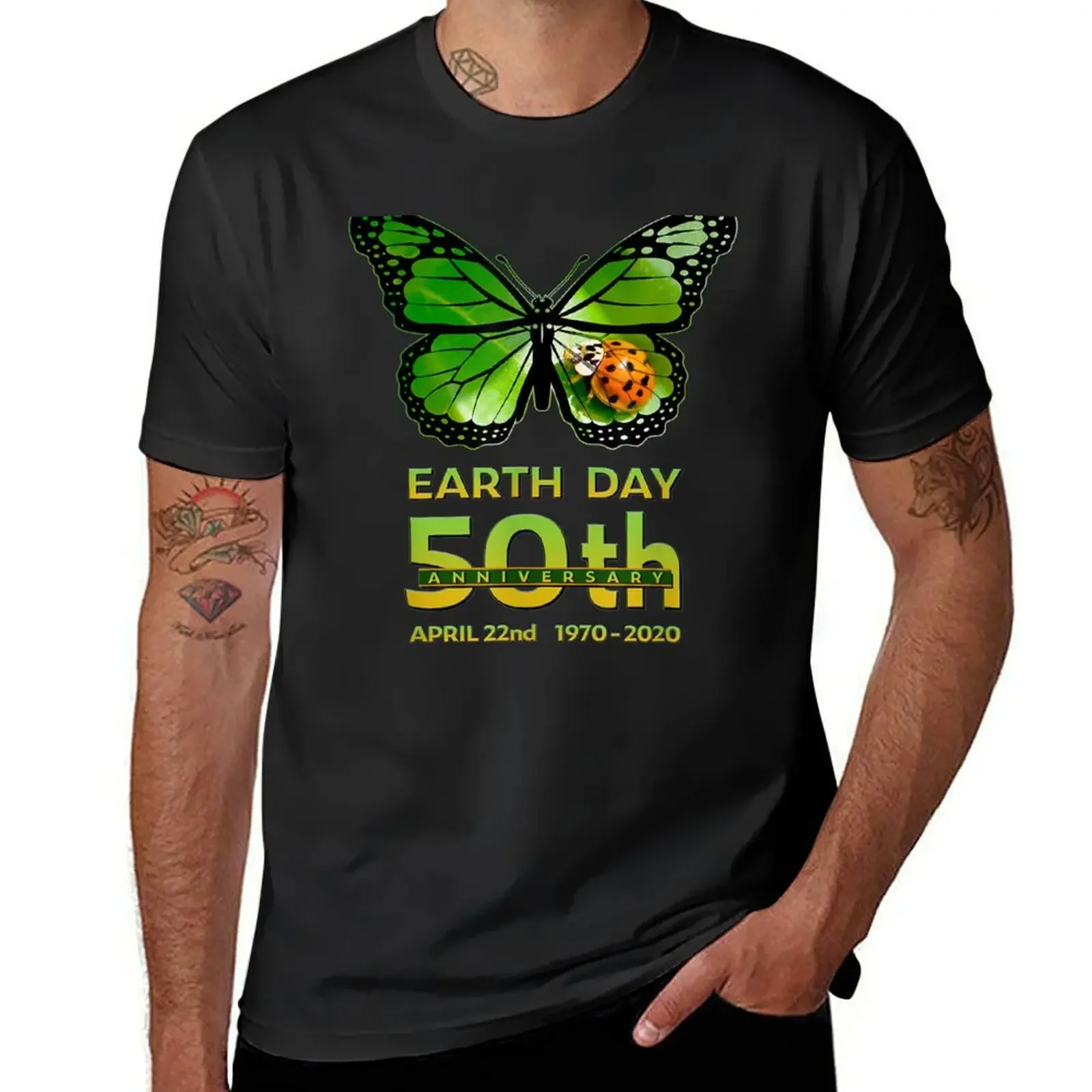 Earth Day 50th Anniversary Butterfly and Ladybug Silhouette T-Shirt cotton graphic tees mens tall t shirts