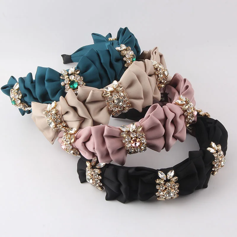 

Европейская и американская новая модная тканевая повязка для волос со стразами и бантом, роскошный универсальный аксессуар для волос