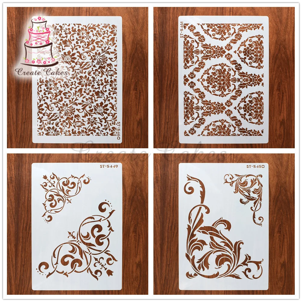 4pcs/set 21*29cm Flower Pattern Stencil For Walls Painting Cake Decorating Fondant Tools Cupcake Baking Tool Wall Stencil