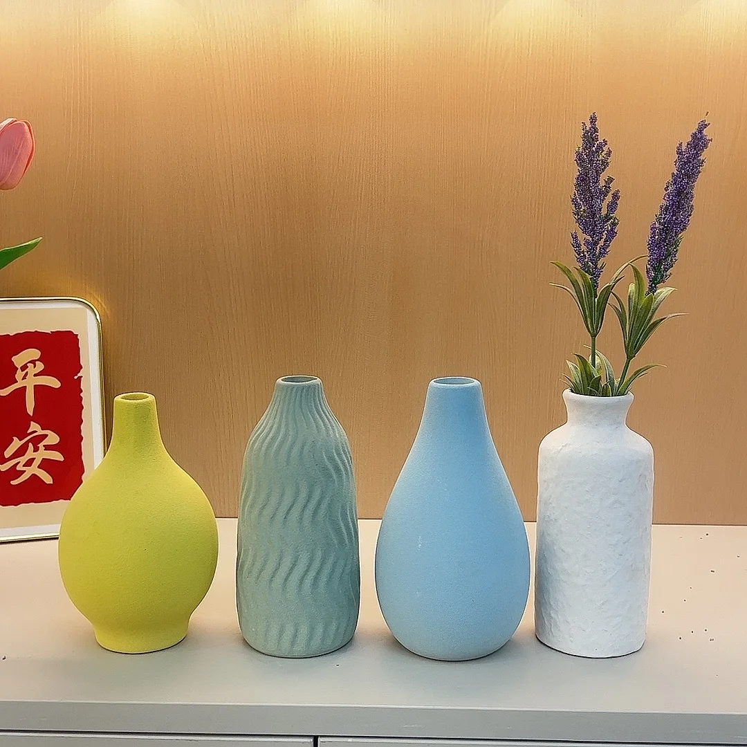 Macaron Color Ceramic Vase Set Nordic Style Frosted Textured Flower Vase Minimalist Home Decor for Living Room Table Centerpiece