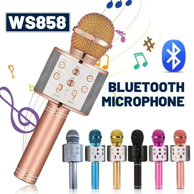 WS858 Karaoke Microphone for Kids Singing 5 in 1 Wireless Bluetooth Microphone with LED Lights Machine Portable Mic Speaker