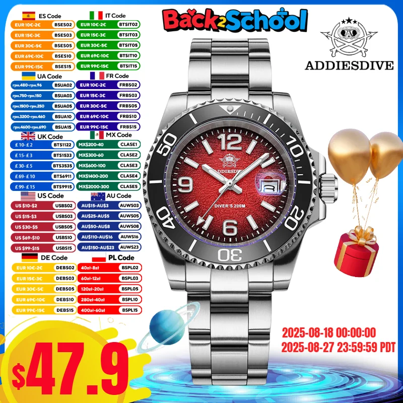 

ADDIESDIVE TOP Men's Watch 41MM BGW9 Super Luminous Reloj Hombre 20Bar Diver 316L Stainless Steel AD2513 Quartz Watches
