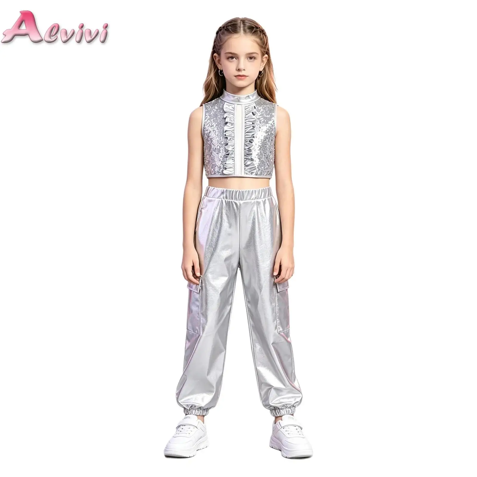 

Kids Girls Jazz Dance Outfit Sleeveless Sequin Metallic Patchwork Ruffles Crop Top with Pants Hip Hop Performance Dancewear Suit