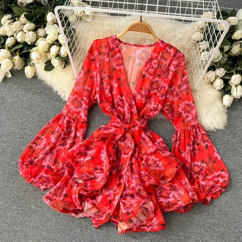 HIkigawa Chic Fashion Korean Dresses For Women Summer V Neck Floral Print Slim Waist Woman Dress Vintage Elegant Vestidos Mujer