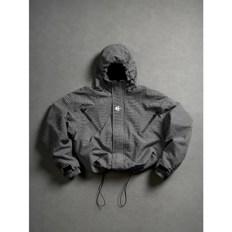 American Street Style Men Plaid Hooded Jacket Spring Autumn Windproof Loose Oversized Outdoor Casual Fashion Outerwear for Men