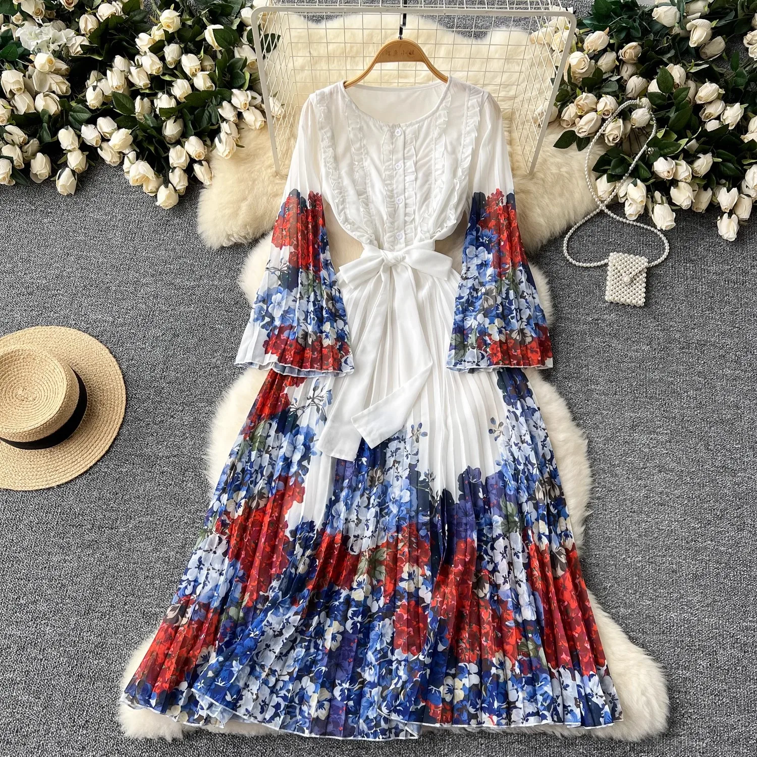 Summer Gorgeous Flower Holiday Dress Women's O-Neck Ruffles Flare Sleeve Lace Up Belt Floral Printed Pleated Chiffon Vestidos